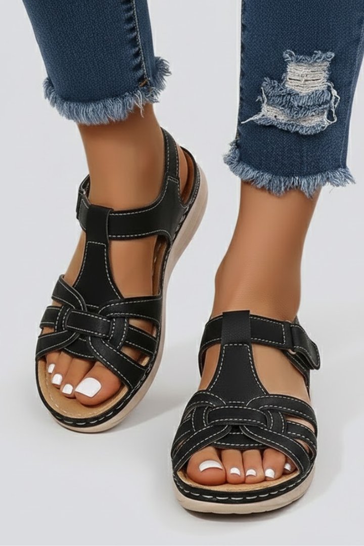 Damen Offene Riemchensandalen mit Klettverschluss Geflochtenem Vorderriemen - Black