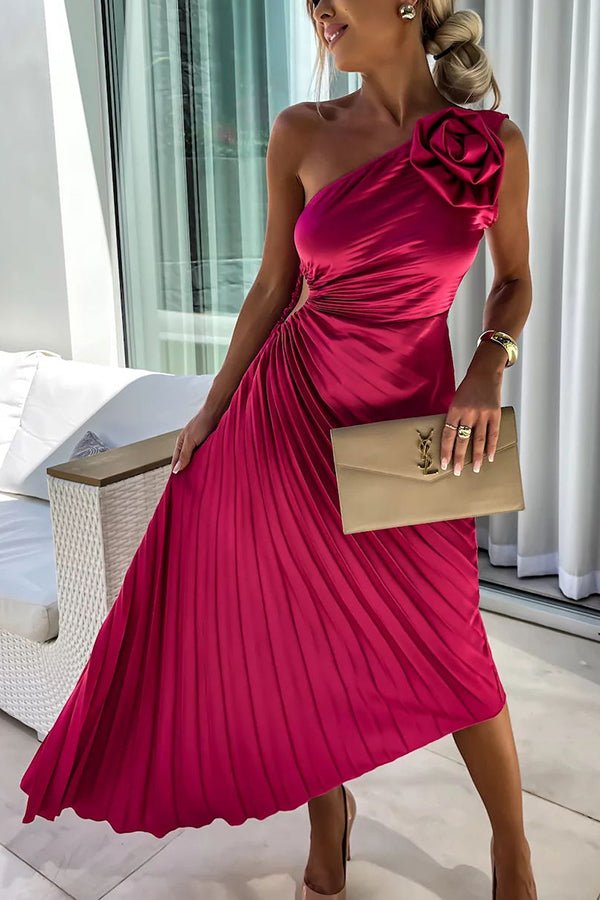 Damen One-Shoulder Plissee Maxi-Kleid mit Blütendetail - Red