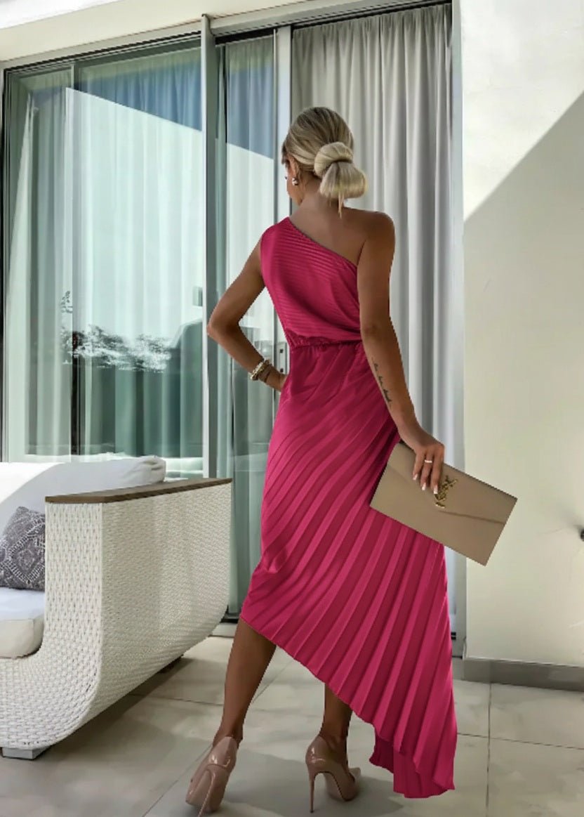Damen One-Shoulder Plissee Maxi-Kleid mit Blütendetail