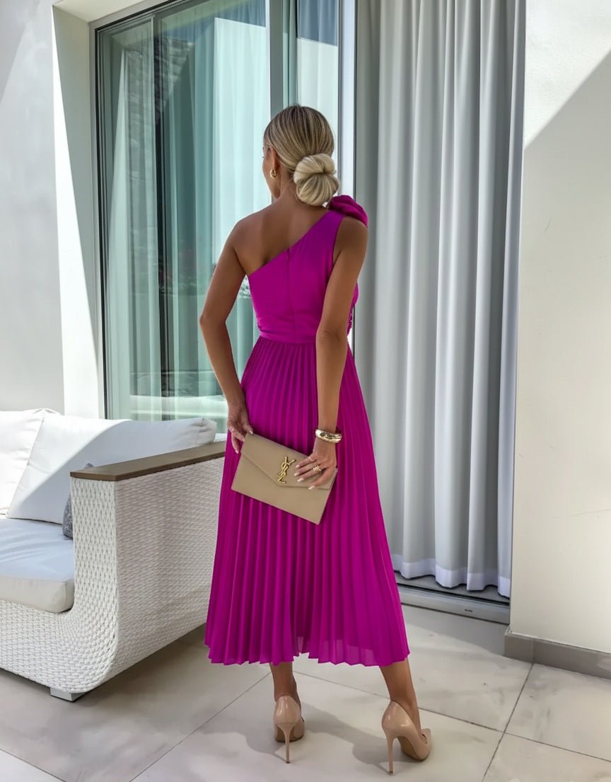 Damen One-Shoulder Plissee Maxi-Kleid mit Blütendetail