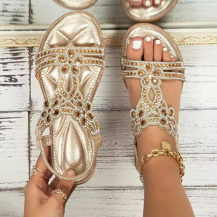 Damen Orthopädische Boho Sandalen mit Strass - Gold