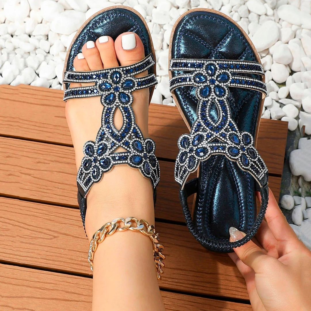 Damen Orthopädische Boho Sandalen mit Strass - Blue