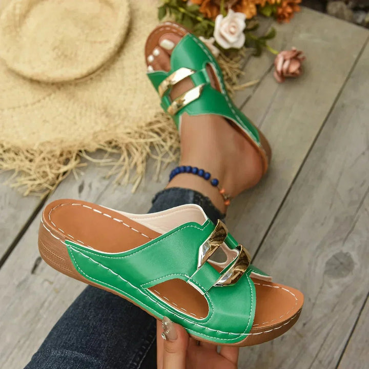 Damen Orthopädische Keilabsatz-Sandalen Vegane Slip-On Pantoletten - Green