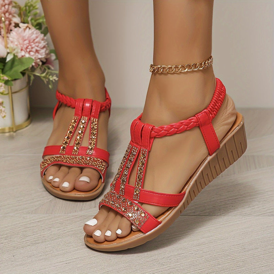 Damen Orthopädische T-Steg Keilabsatz Sandalen Strass-Details - Red