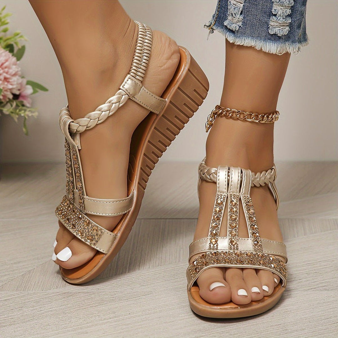 Damen Orthopädische T-Steg Keilabsatz Sandalen Strass-Details - Rose Gold