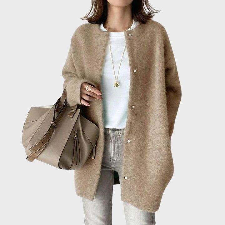 Damen Oversize Kaschmir Cardigan mit Druckknöpfen - Khaki