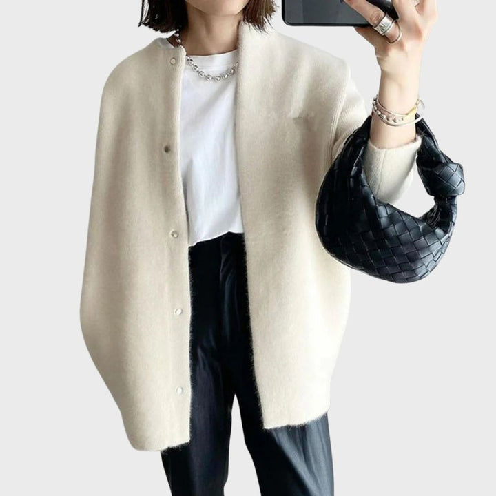 Damen Oversize Kaschmir Cardigan mit Druckknöpfen - Weiß