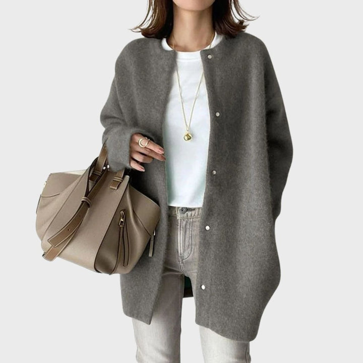 Damen Oversize Kaschmir Cardigan mit Druckknöpfen - Grau