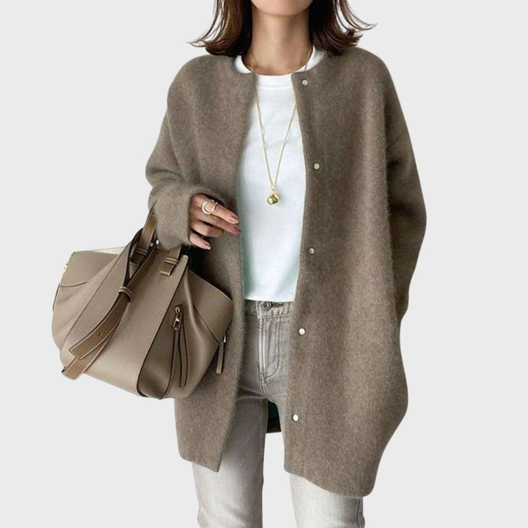 Damen Oversize Kaschmir Cardigan mit Druckknöpfen - Kaffeebraun
