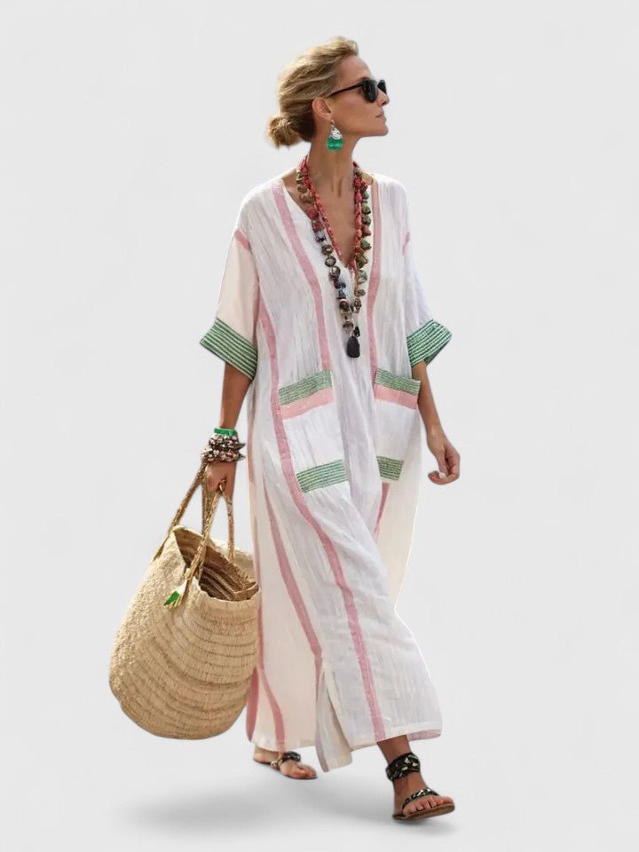 Damen Oversize Leinen Boho Maxikleid V-Ausschnitt Streifen - White