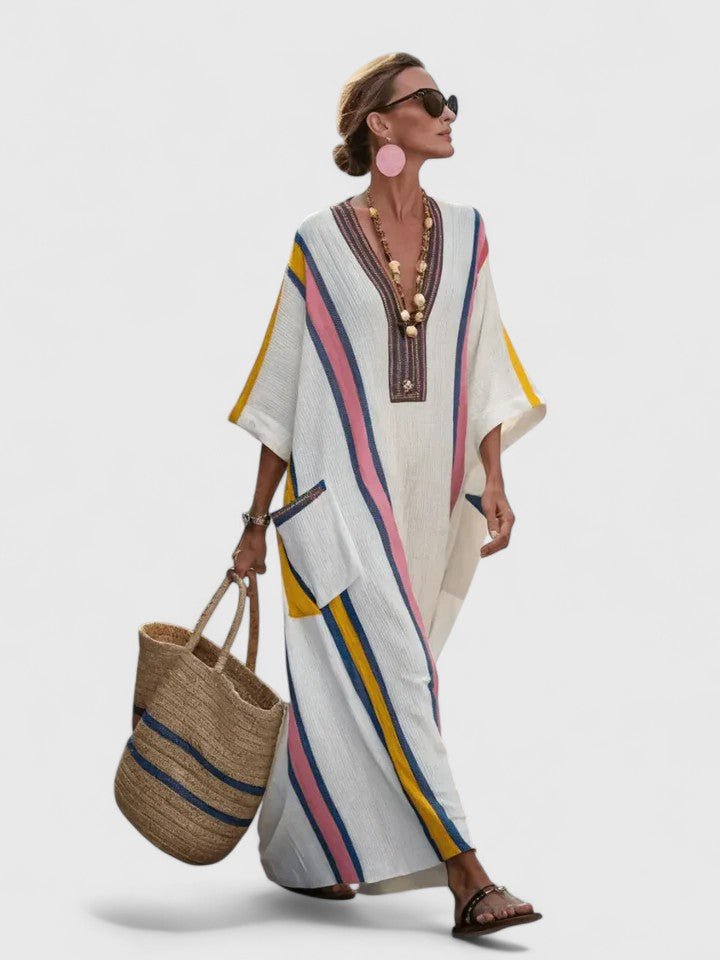Damen Oversize Leinen Boho Maxikleid V-Ausschnitt Streifen - White 2