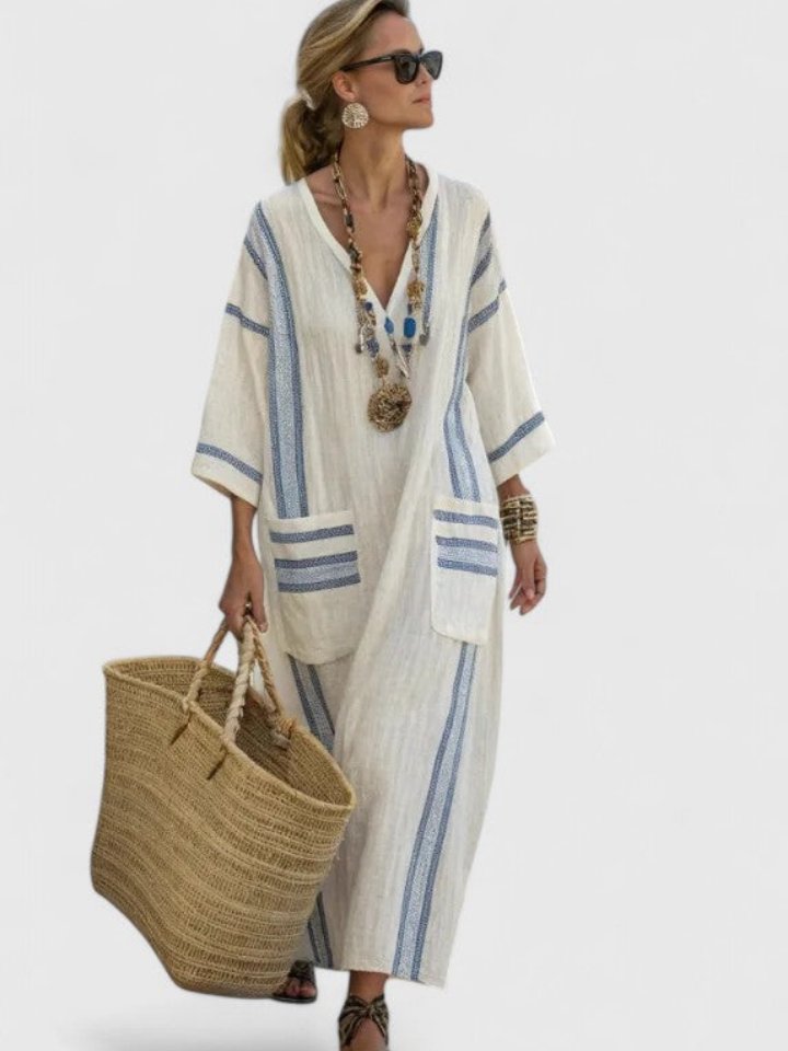 Damen Oversize Leinen Boho Maxikleid V-Ausschnitt Streifen - White 3