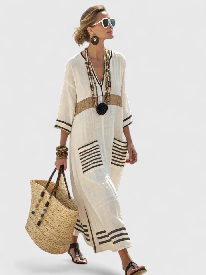 Damen Oversize Leinen Boho Maxikleid V-Ausschnitt Streifen - Beige