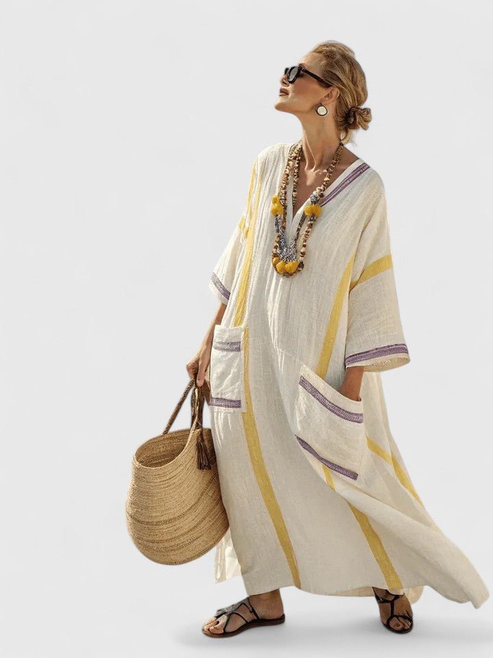 Damen Oversize Leinen Boho Maxikleid V-Ausschnitt Streifen - Beige 3