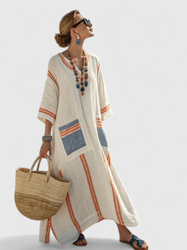 Damen Oversize Leinen Boho Maxikleid V-Ausschnitt Streifen - Beige 4