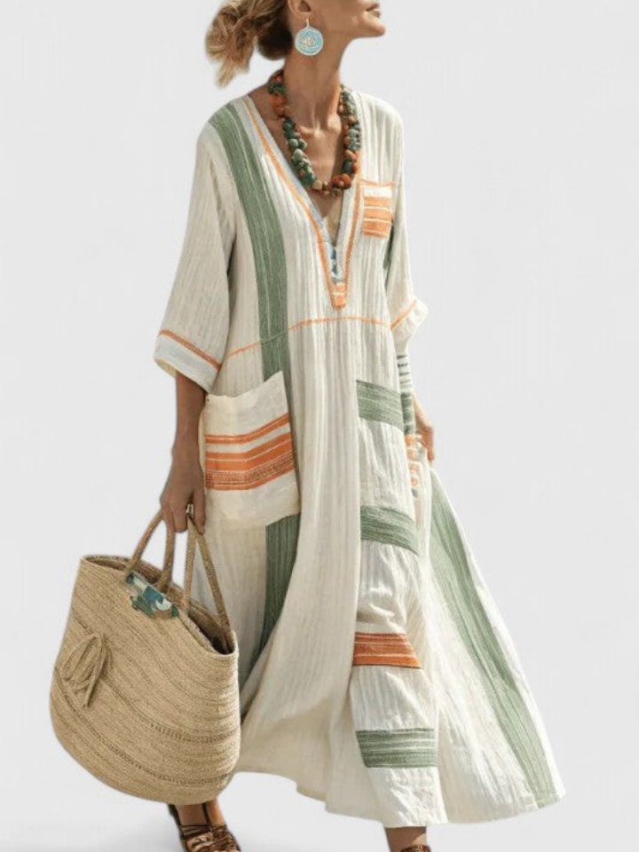 Damen Oversize Leinen Boho Maxikleid V-Ausschnitt Streifen - Beige 5