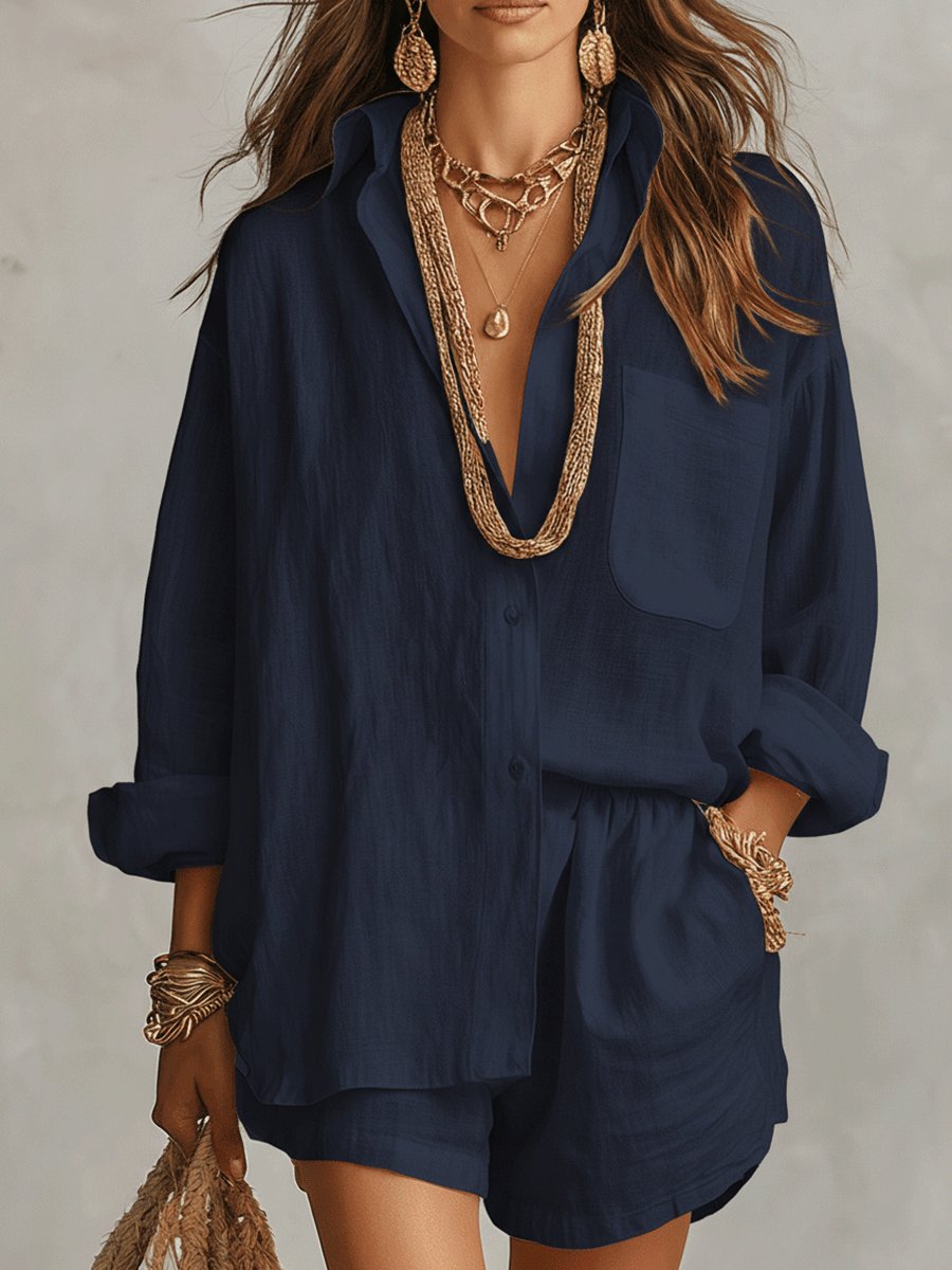 Damen Oversize Leinen Hemdkleid Shorts Set - Dark Blue