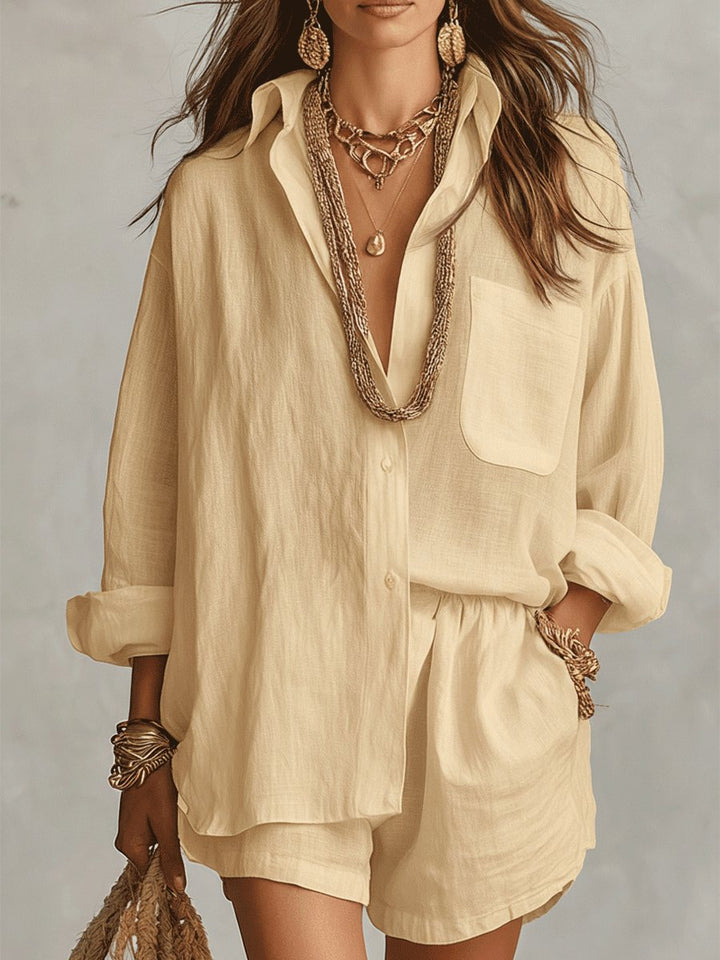 Damen Oversize Leinen Hemdkleid Shorts Set - Yellow