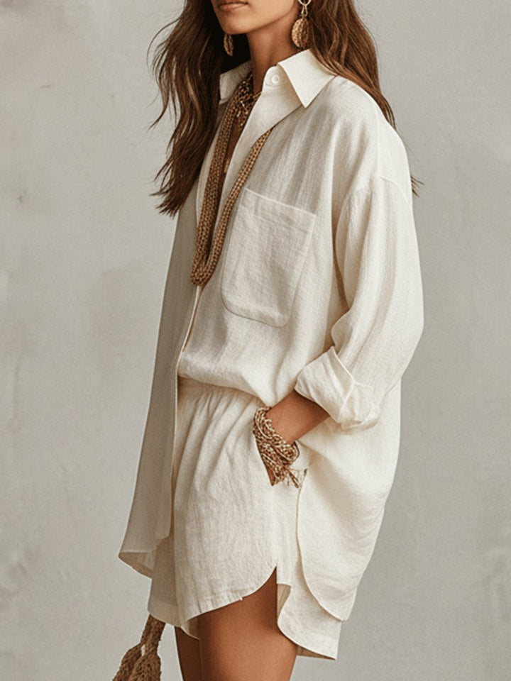 Damen Oversize Leinen Hemdkleid Shorts Set