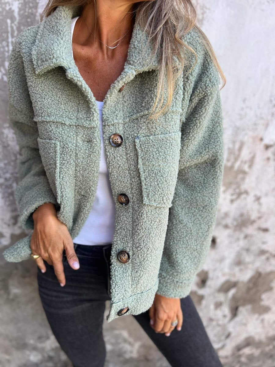Damen Oversize Teddyfleece Knopfleisten Jacke - Grün