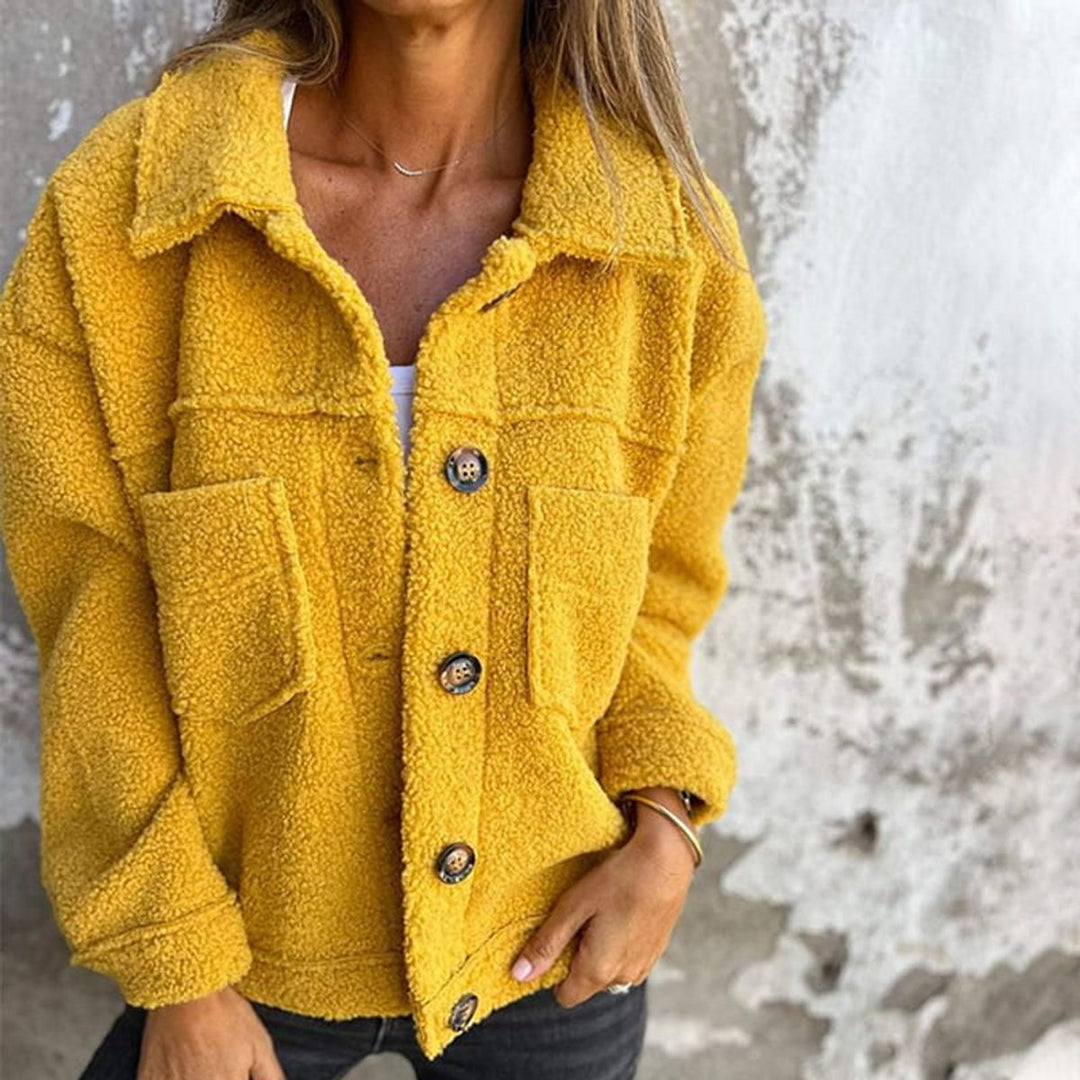 Damen Oversize Teddyfleece Knopfleisten Jacke - Gelb
