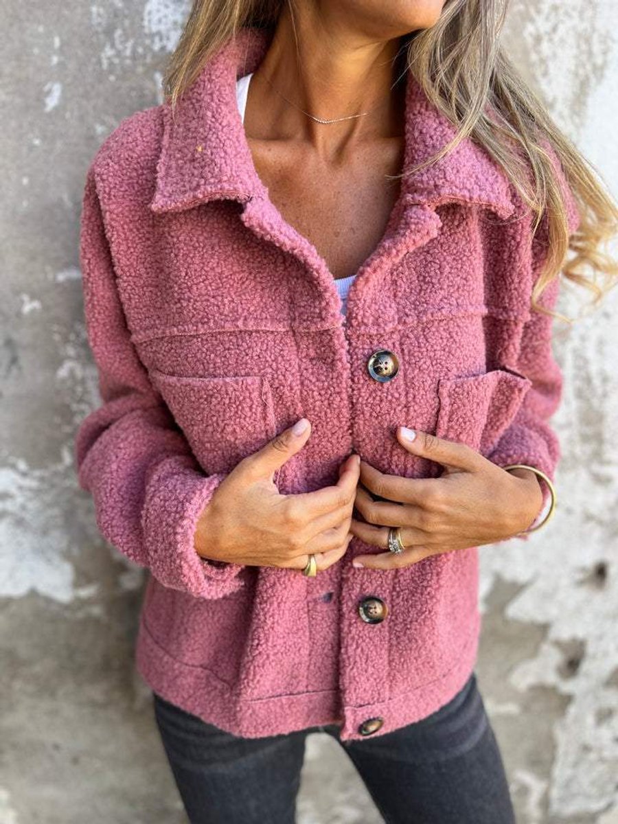 Damen Oversize Teddyfleece Knopfleisten Jacke - Rosa
