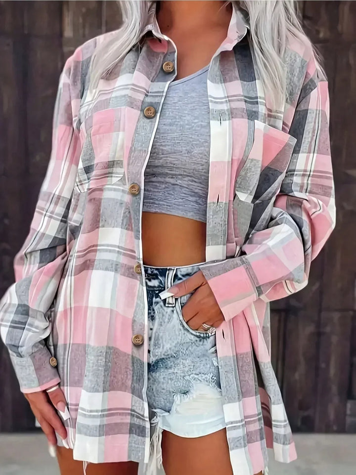 Damen Oversized Kariertes Flanell Langarm Buttondown Hemd - Pink
