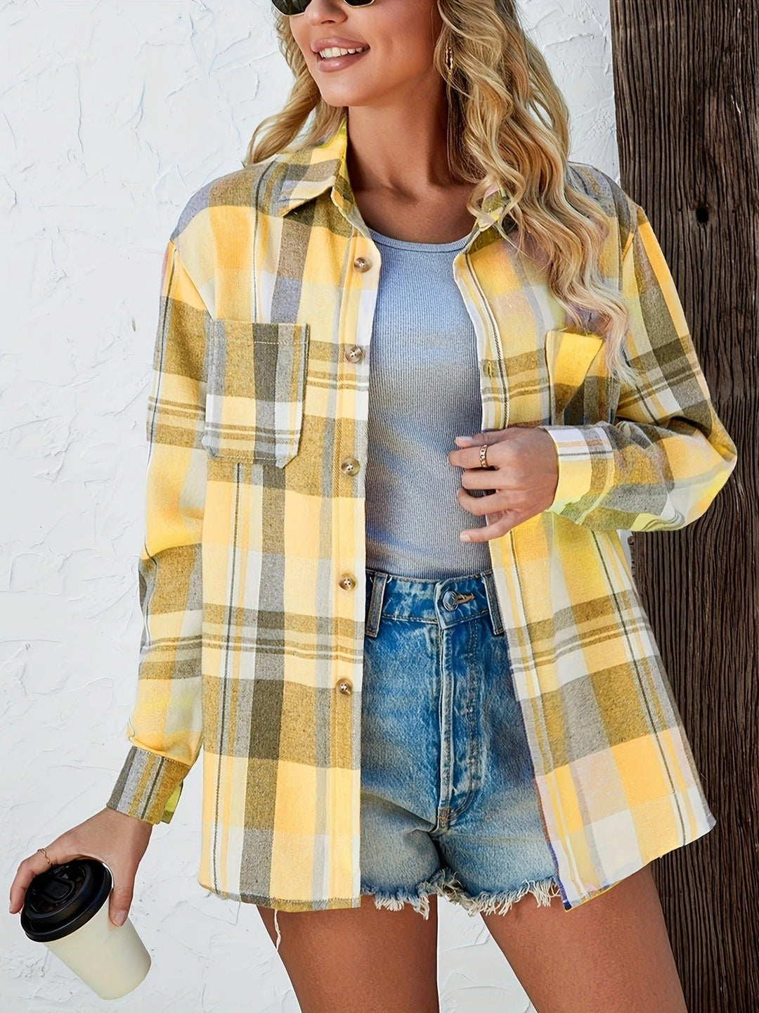 Damen Oversized Kariertes Flanell Langarm Buttondown Hemd