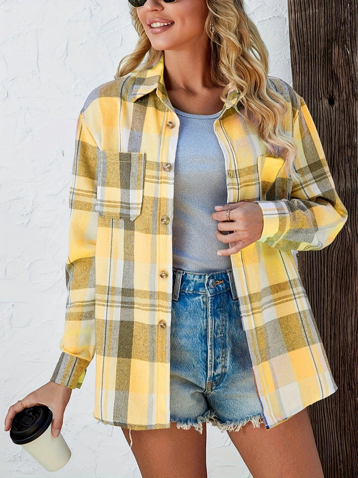 Damen Oversized Kariertes Flanell Langarm Buttondown Hemd