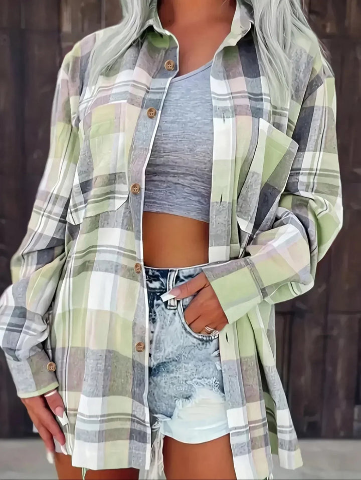 Damen Oversized Kariertes Flanell Langarm Buttondown Hemd - Green