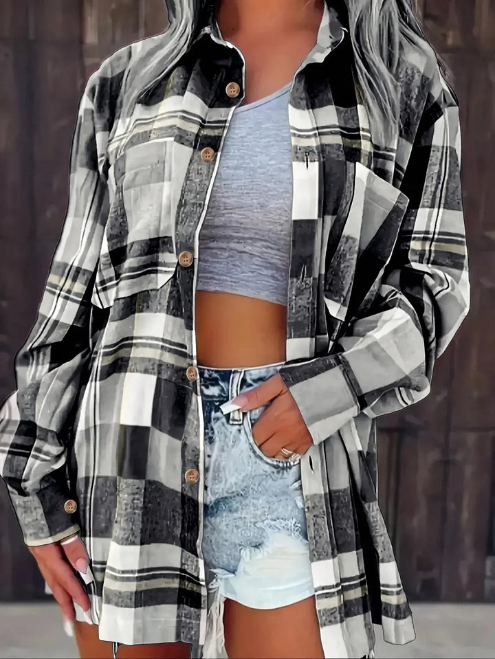 Damen Oversized Kariertes Flanell Langarm Buttondown Hemd - Black