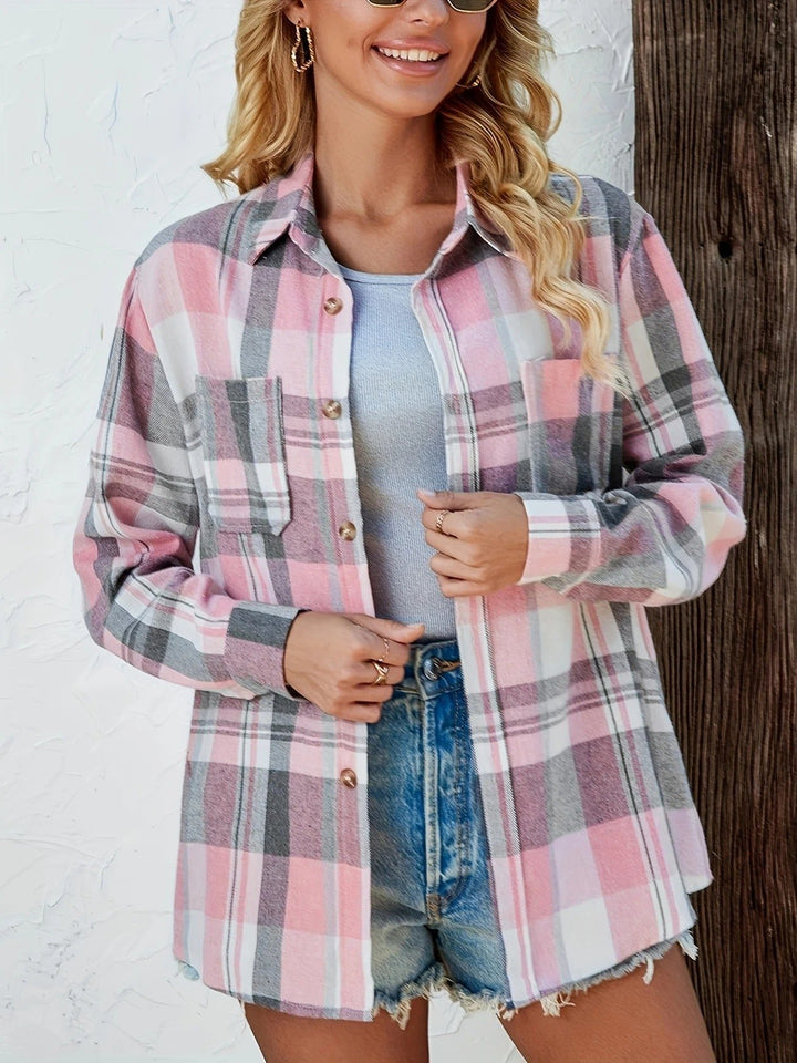 Damen Oversized Kariertes Flanell Langarm Buttondown Hemd