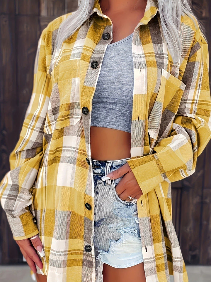 Damen Oversized Kariertes Flanell Langarm Buttondown Hemd - Yellow