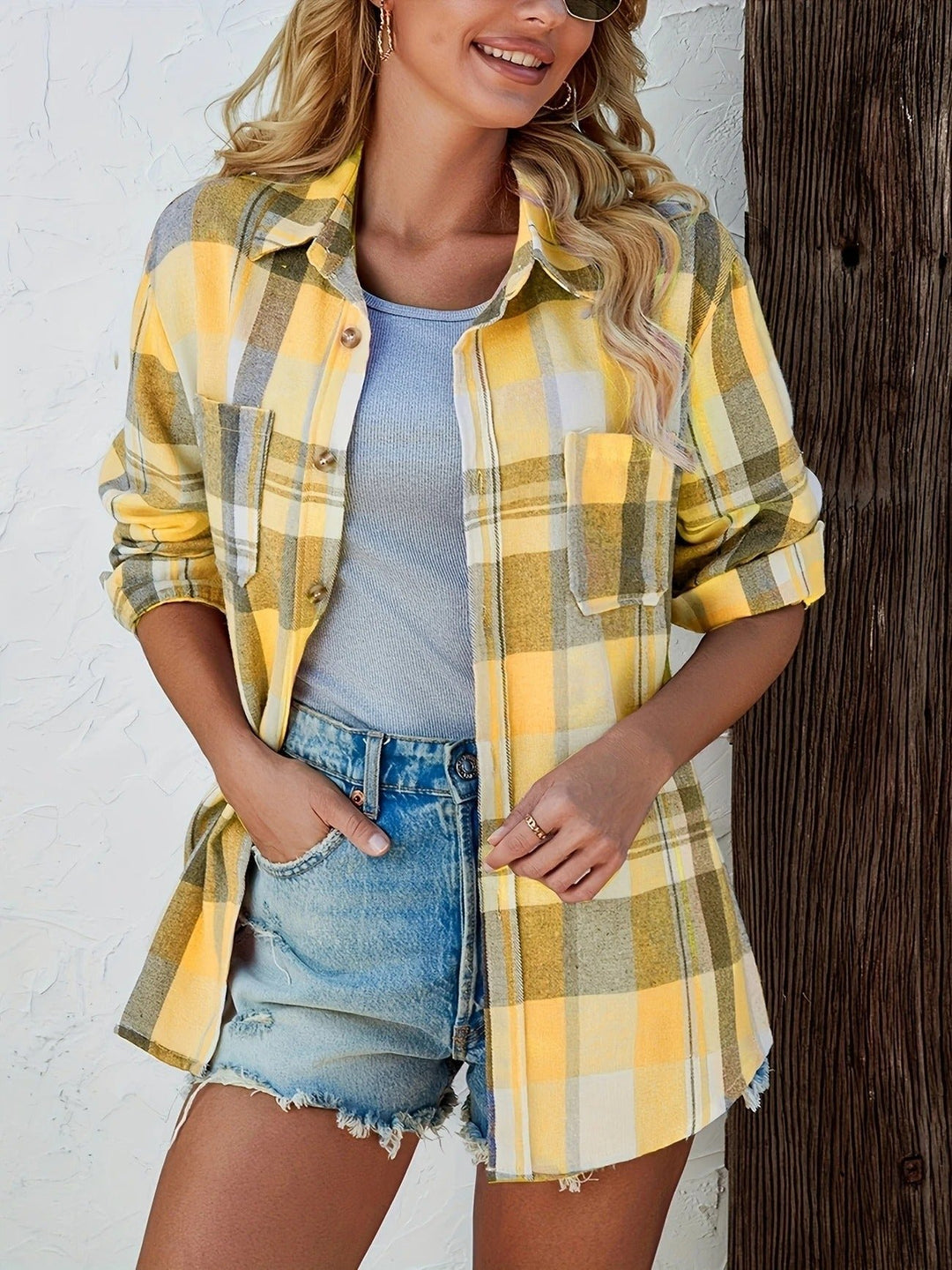Damen Oversized Kariertes Flanell Langarm Buttondown Hemd
