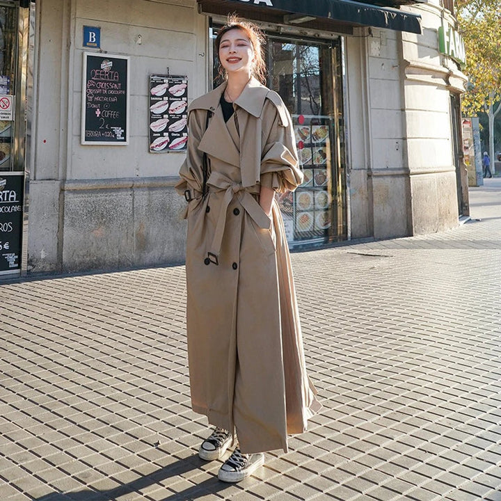 Damen Oversized Zweireihiger Langer Trench Coat - Khaki