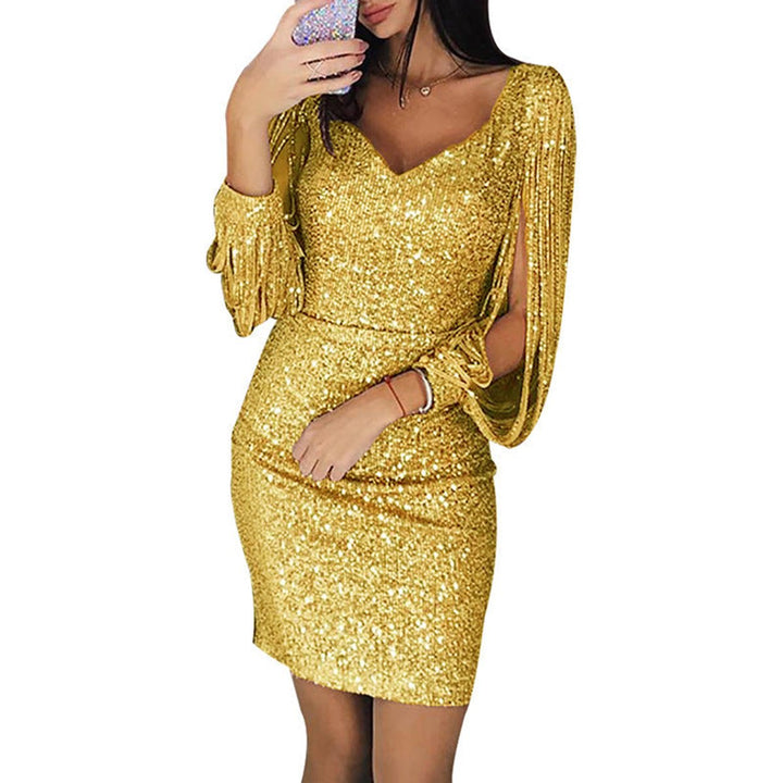 Damen Pailletten Cocktailkleid mit Fransen-Ärmeln V-Ausschnitt