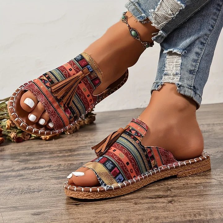 Damen Pantoletten Ethno-Muster Quasten Flach Bequem