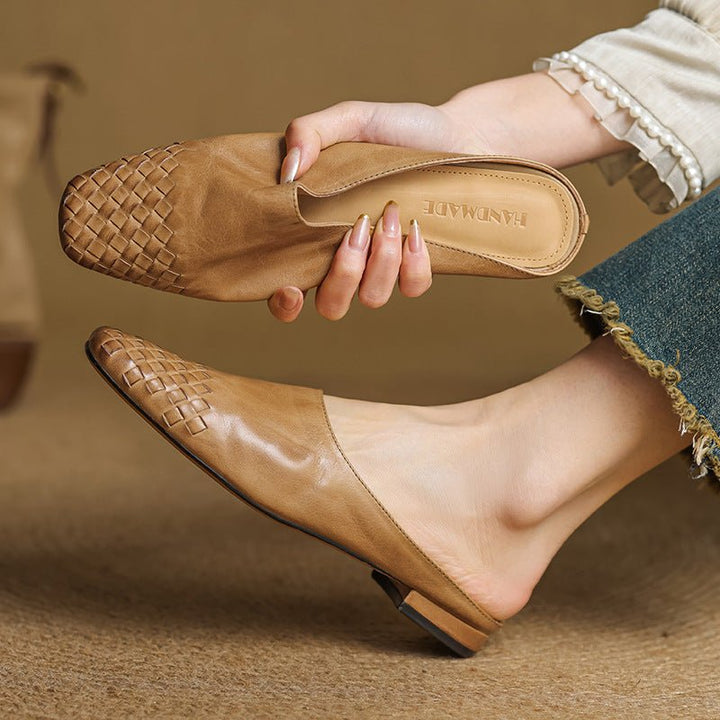 Damen Pantoletten Leder Geflochten Quadratische Spitze - Khaki