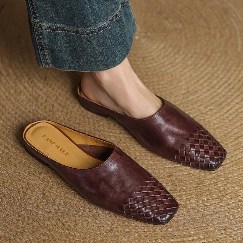 Damen Pantoletten Leder Geflochten Quadratische Spitze - Brown