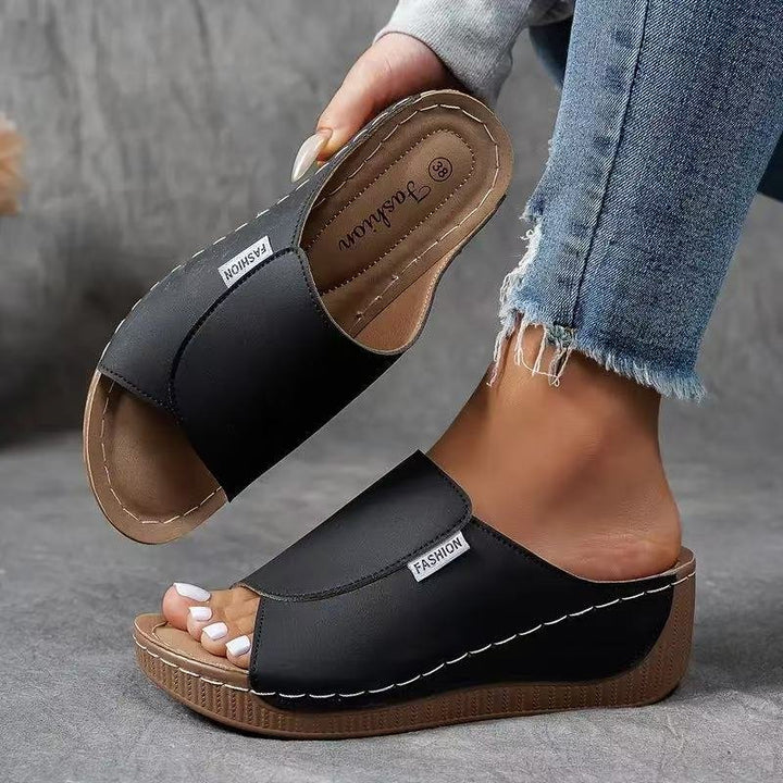 Damen Pantoletten Orthopädisch Gepolstert Keilabsatz - Black