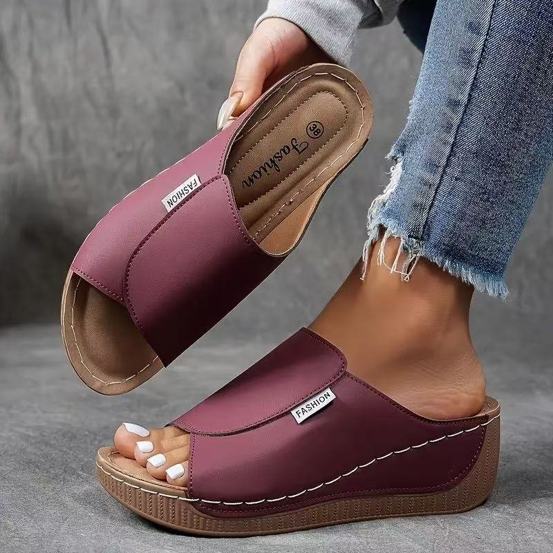 Damen Pantoletten Orthopädisch Gepolstert Keilabsatz - Burgundy