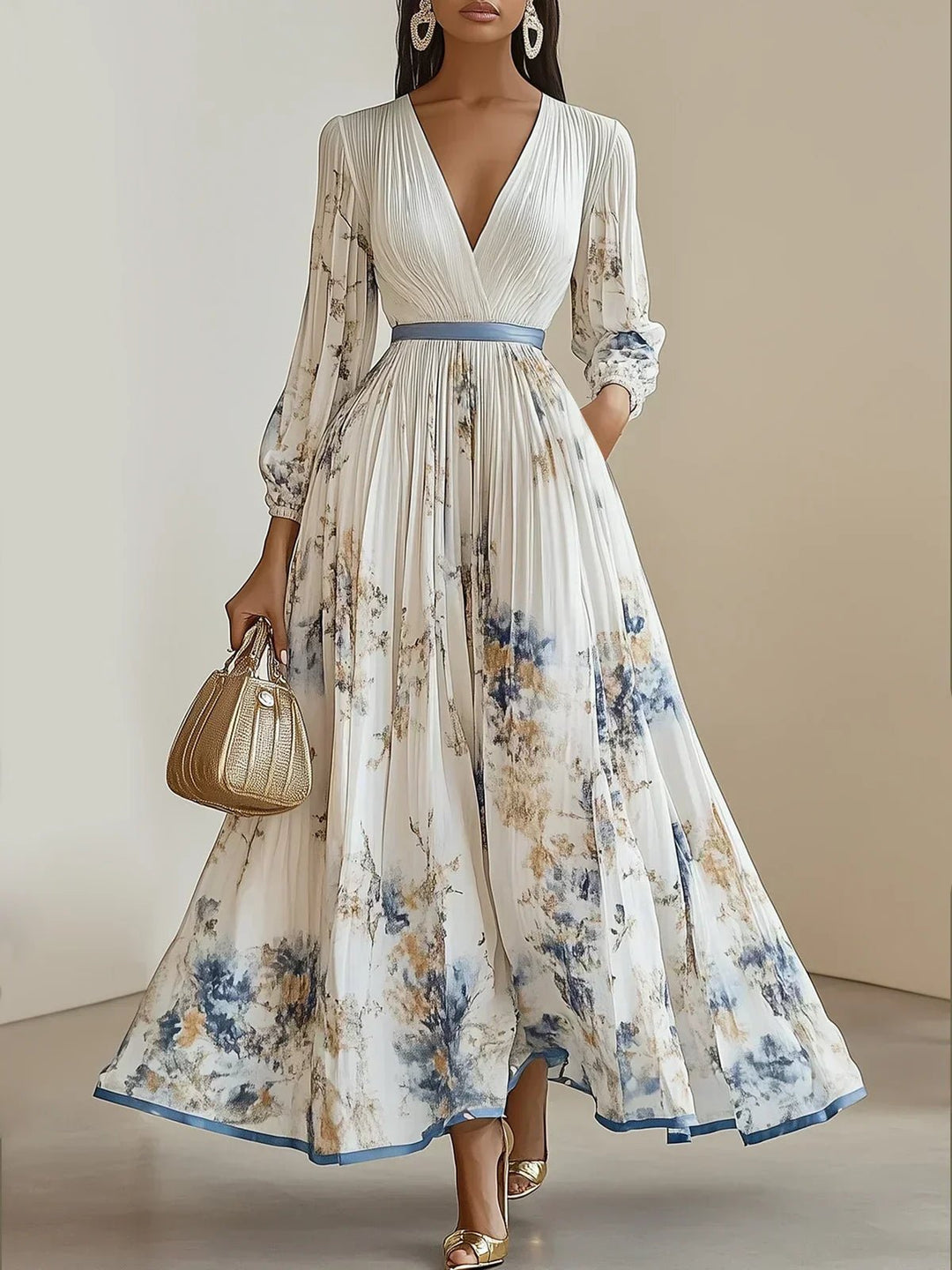 Damen Plissiertes Blumenprint Maxi-Kleid Tiefer V-Ausschnitt Puffärmel - White
