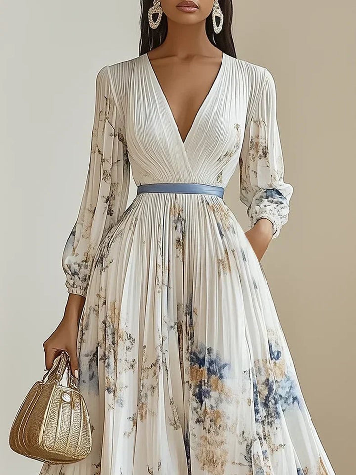 Damen Plissiertes Blumenprint Maxi-Kleid Tiefer V-Ausschnitt Puffärmel