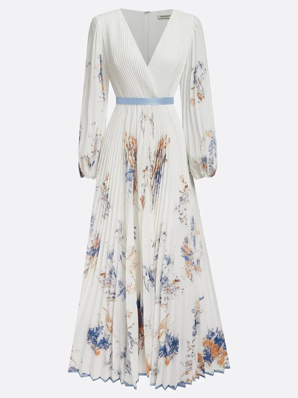 Damen Plissiertes Blumenprint Maxi-Kleid Tiefer V-Ausschnitt Puffärmel