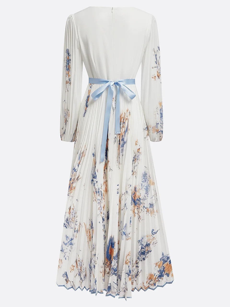 Damen Plissiertes Blumenprint Maxi-Kleid Tiefer V-Ausschnitt Puffärmel