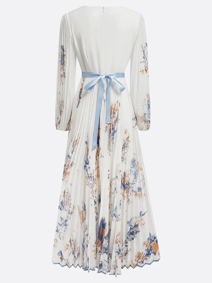 Damen Plissiertes Blumenprint Maxi-Kleid Tiefer V-Ausschnitt Puffärmel