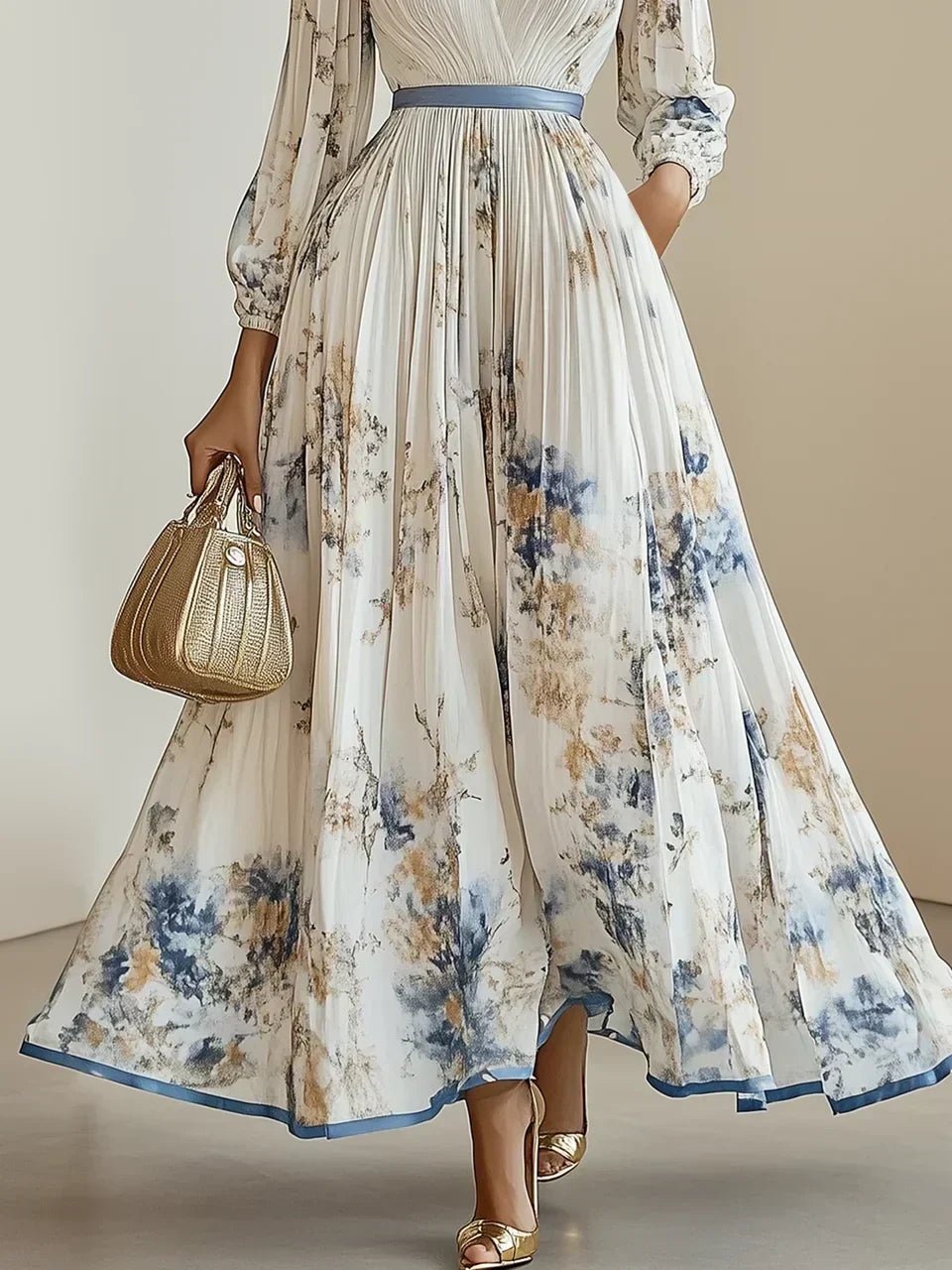 Damen Plissiertes Blumenprint Maxi-Kleid Tiefer V-Ausschnitt Puffärmel