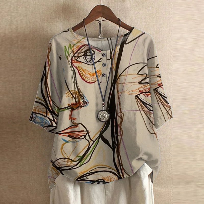 Damen Plus Size Bluse Blumendruck Vintage Stil Kurzarm - Beige