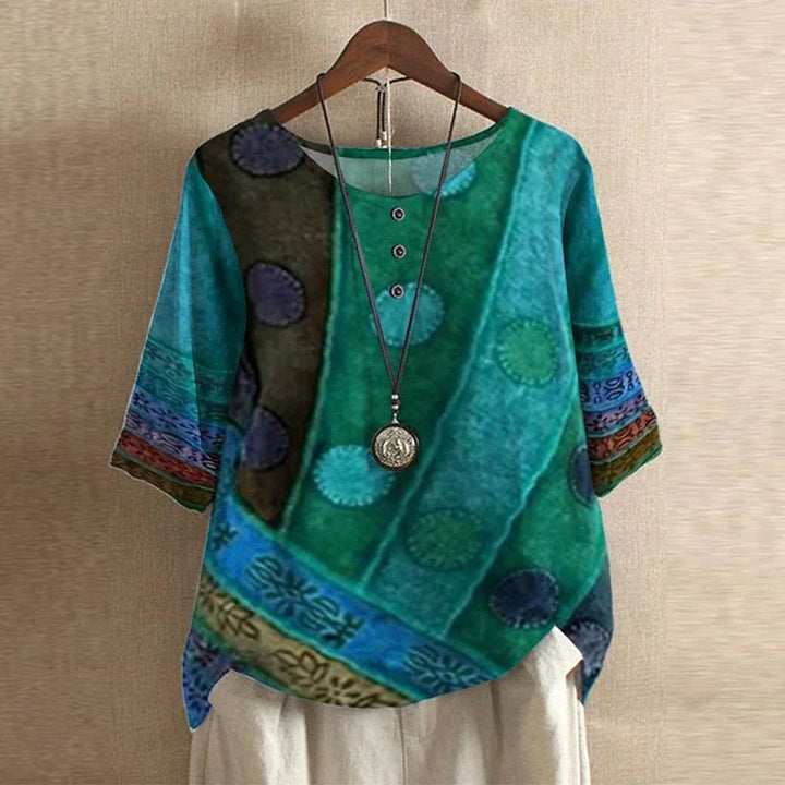 Damen Plus Size Bluse Blumendruck Vintage Stil Kurzarm - Blue/Green