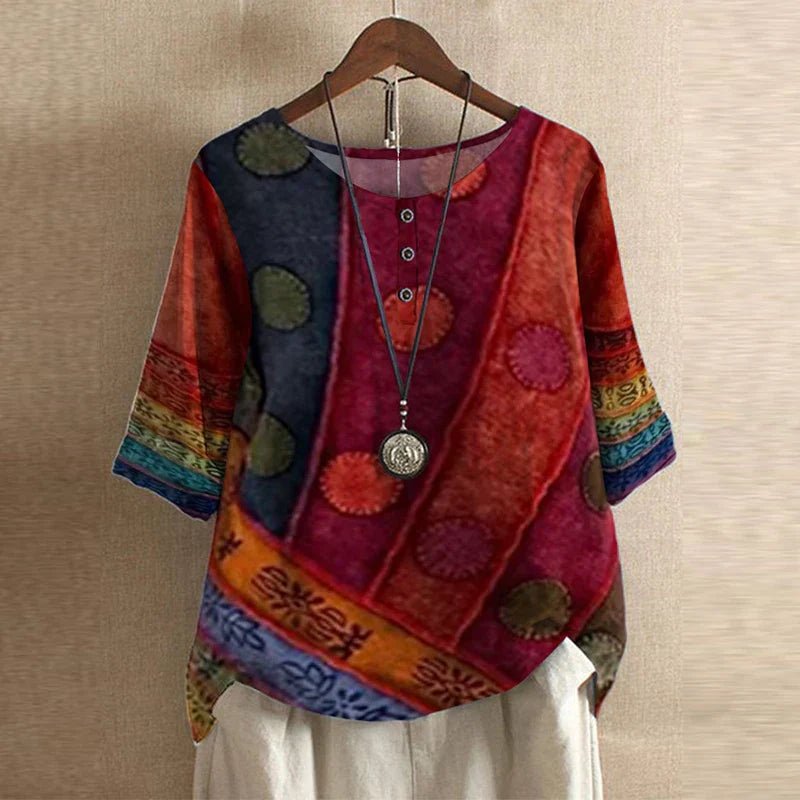 Damen Plus Size Bluse Blumendruck Vintage Stil Kurzarm - Red